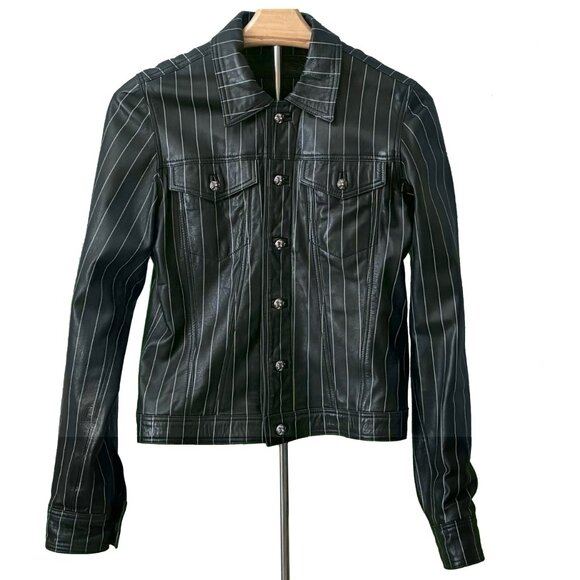 Chrome Hearts Black Leather Jean Jacket w/ White Pinstripe (Vintage) - Picture 1 of 14